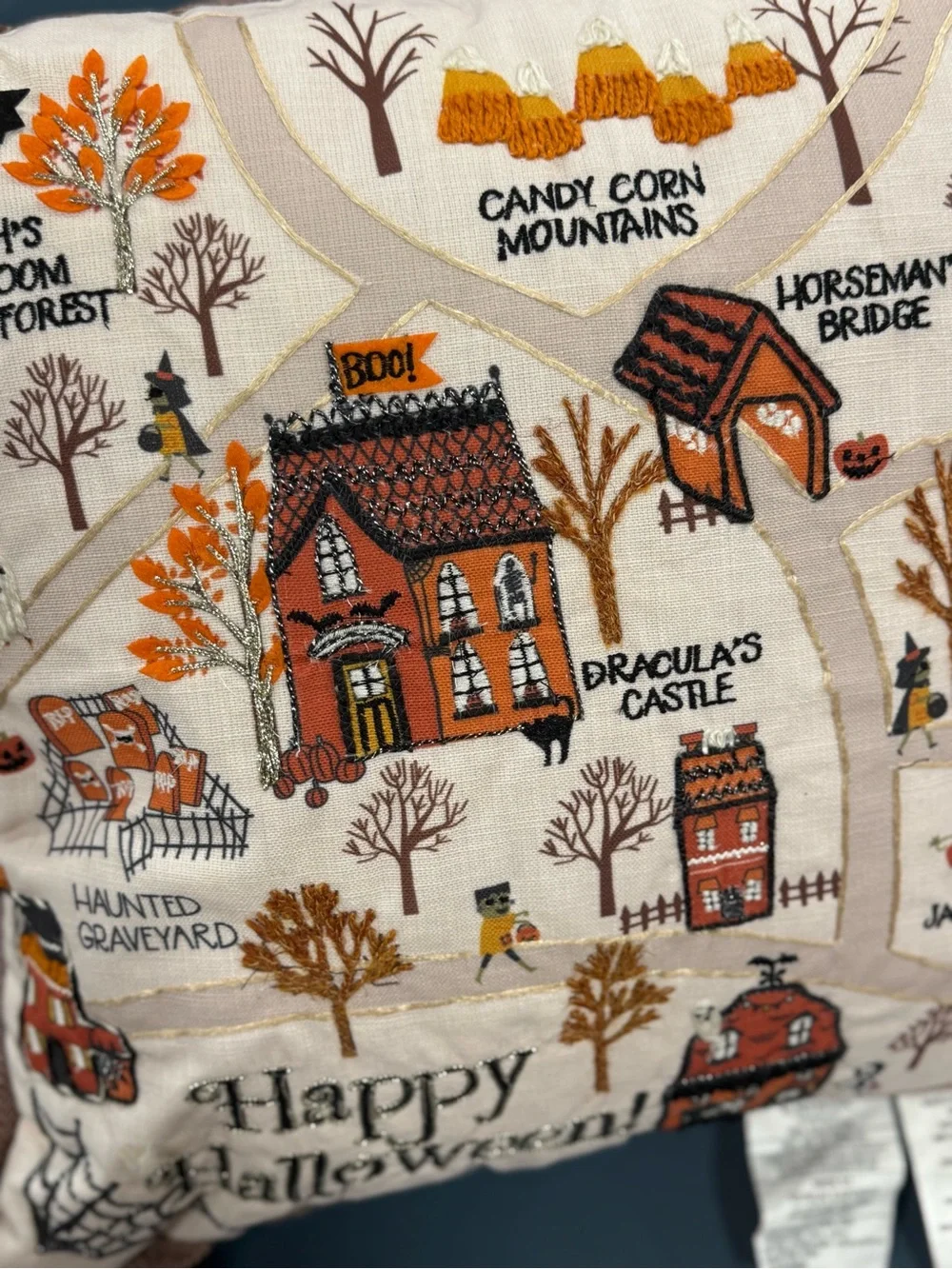 Happy Halloween Embroidered Decorative Pillow - Orange & Cream